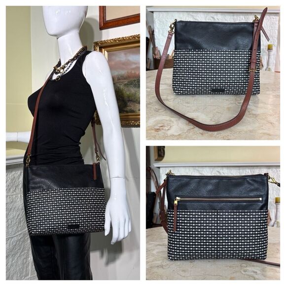 Fossil Fiona Vegan Leather Printed Large Crossbody Bag - Black/White - Picture 1 of 16